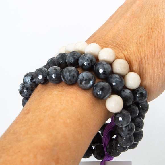 Set of 3 Labradorite beaded stretch bracelets black & cream by Ellei Madison L - Picture 11 of 14